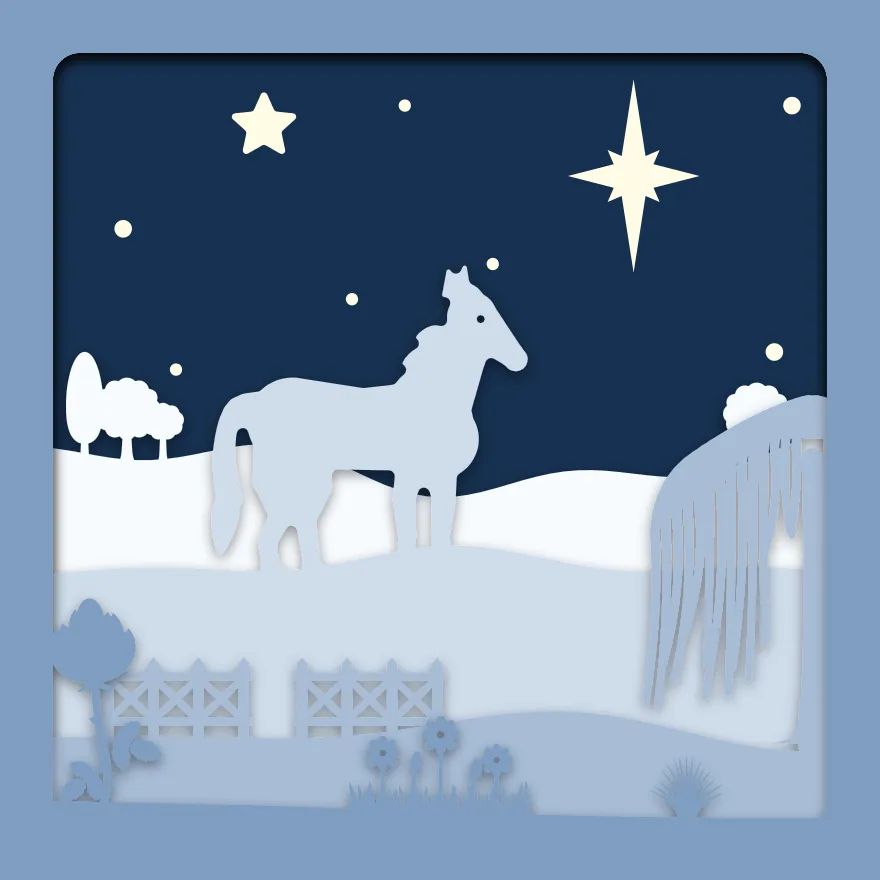 Horse and evening star shadow box: 5 layered sheets seen from the front