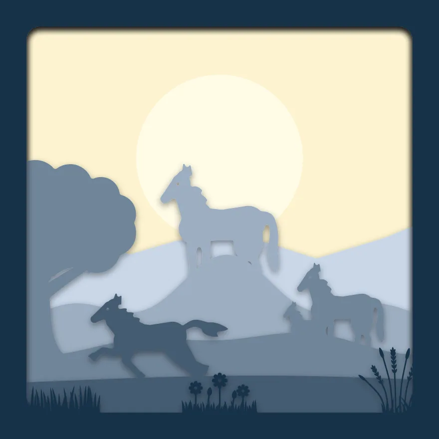 Horse on a hill shadow box: 6 layered sheets seen from the front