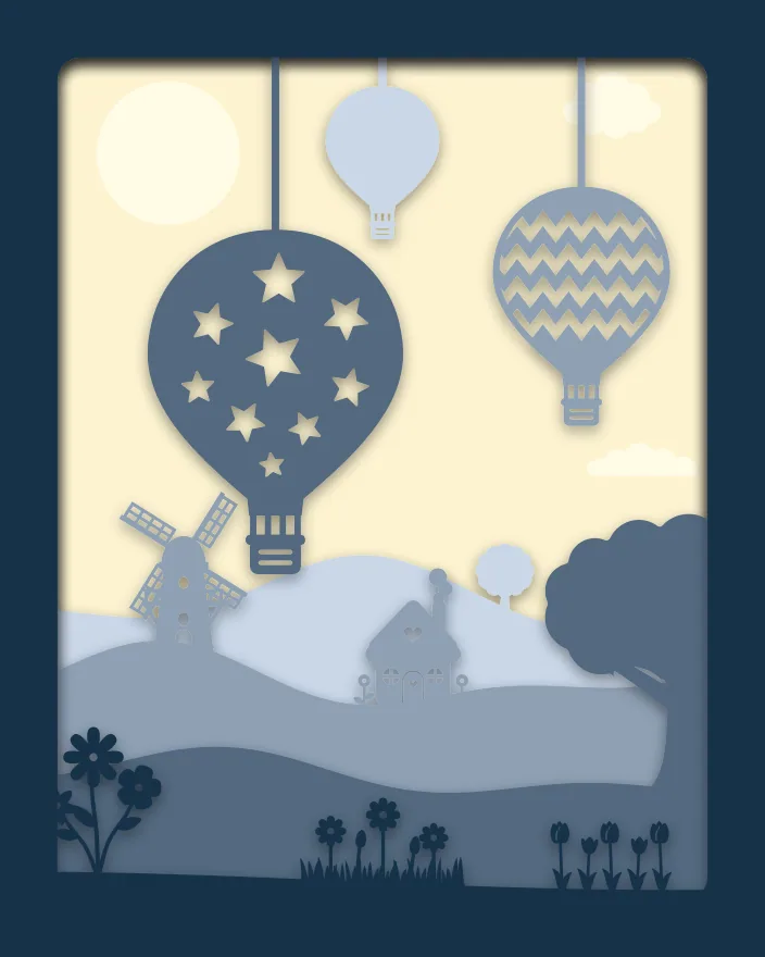 Hot air balloons shadow box: 5 layered sheets seen from the front