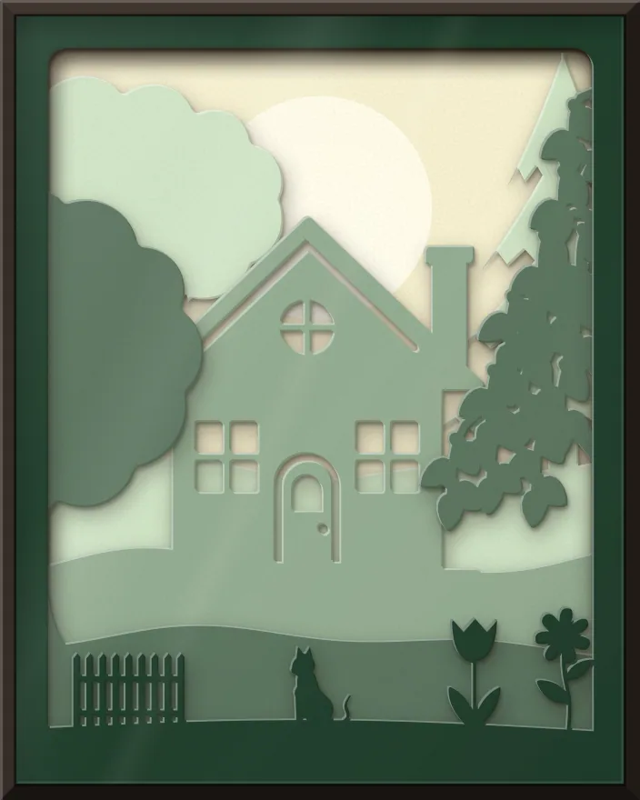 House among the trees shadow box: 5 layered sheets seen from the front