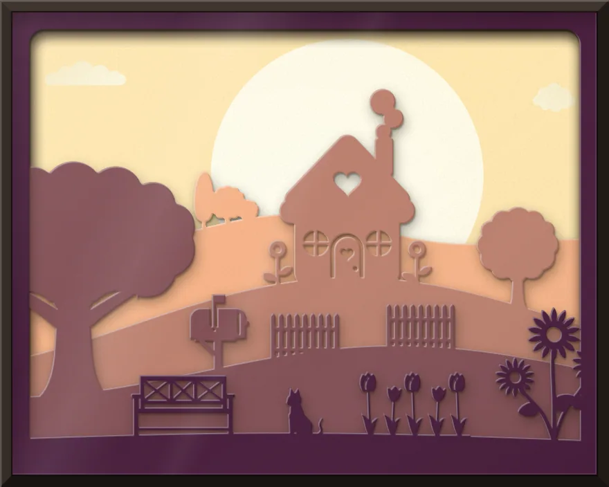 House on the hill shadow box: 5 layered sheets seen from the front