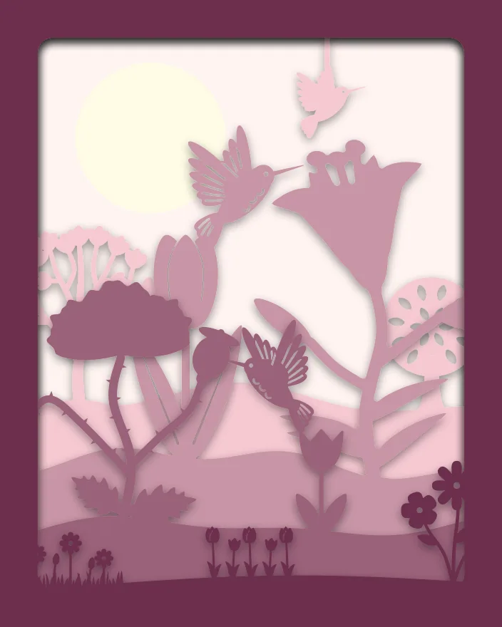 Hummingbird garden shadow box: 5 layered sheets seen from the front