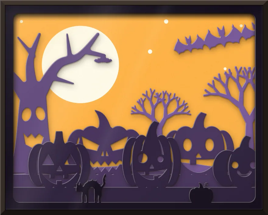 Row of jack-o-lanterns shadow box: 6 layered sheets seen from the front
