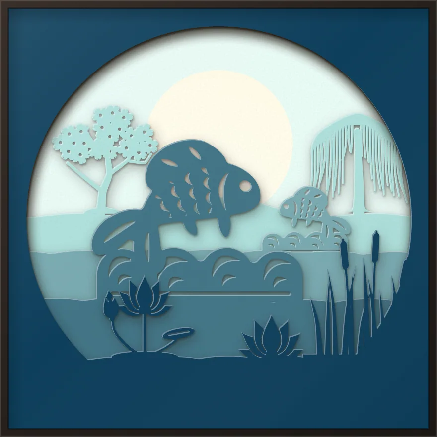 Koi pond shadow box: 5 layered sheets seen from the front