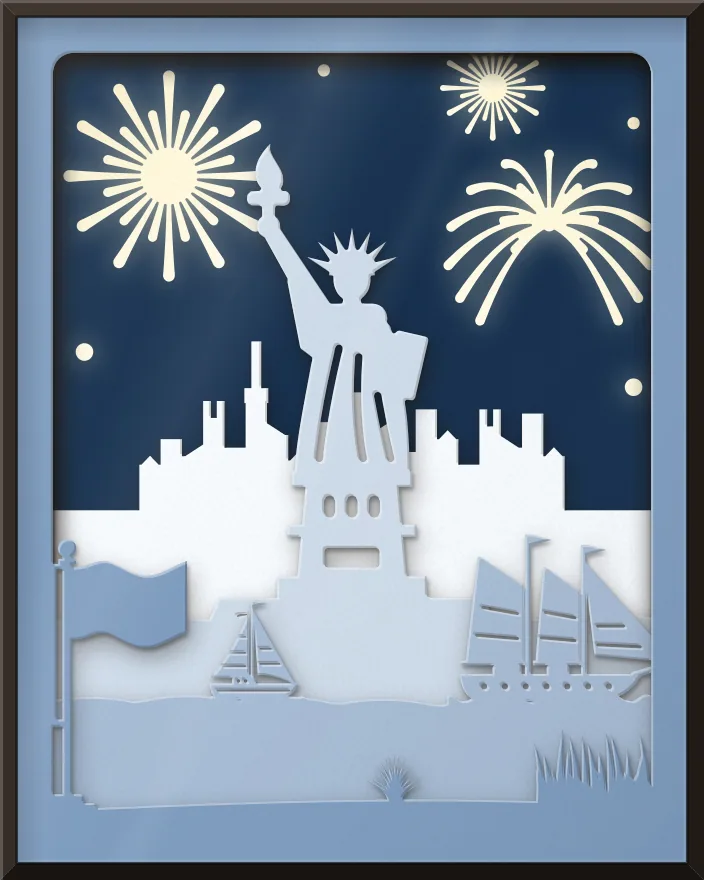 Statue of Liberty fireworks shadow box: 5 layered sheets seen from the front