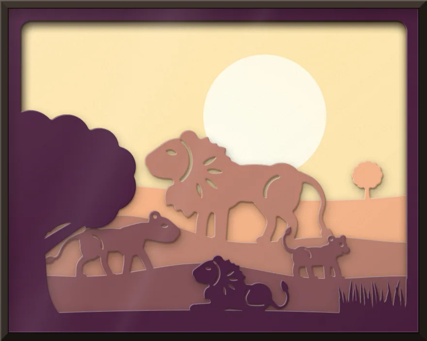 Pride of lions shadow box: 5 layered sheets seen from the front
