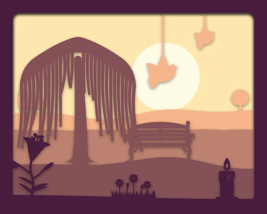 Bench under the willow shadow box: 5 layered sheets seen from the front