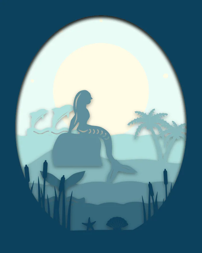 Mermaid lagoon shadow box: 6 layered sheets seen from the front