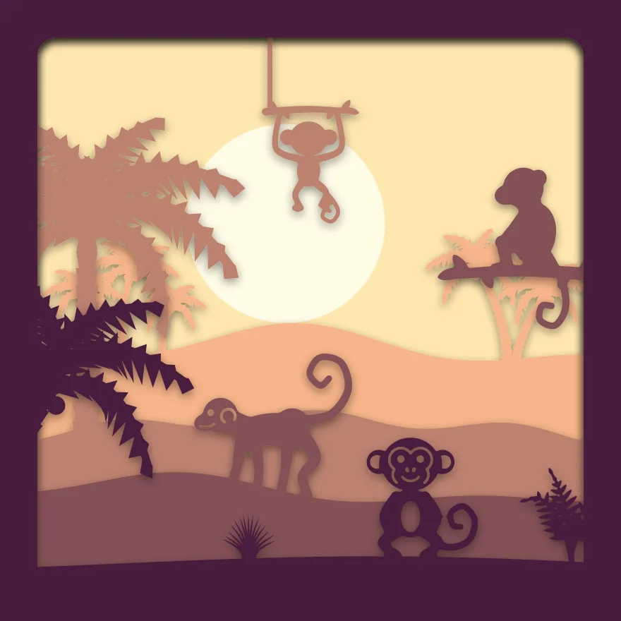 Monkeys in the palms shadow box: 5 layered sheets seen from the front