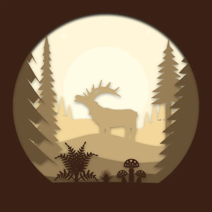 Elk in the moonlit forest shadow box: 6 layered sheets seen from the front