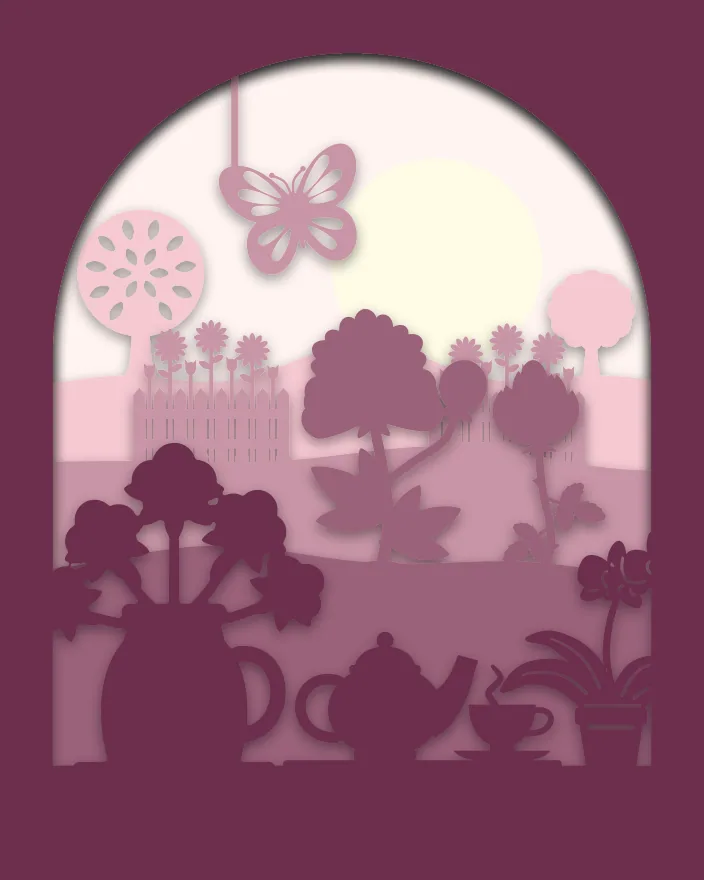 Mother’s Day windowsill shadow box: 5 layered sheets seen from the front