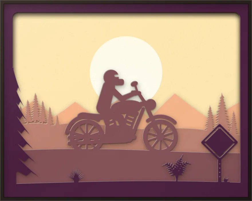 Motorcycle on a mountain road shadow box: 5 layered sheets seen from the front