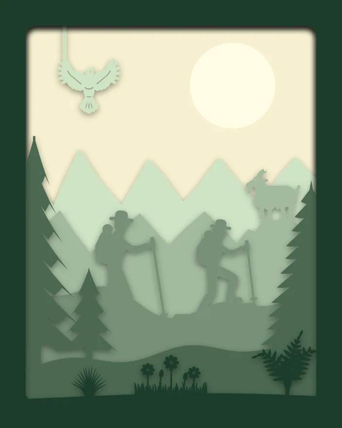 Mountain hikers shadow box: 6 layered sheets seen from the front