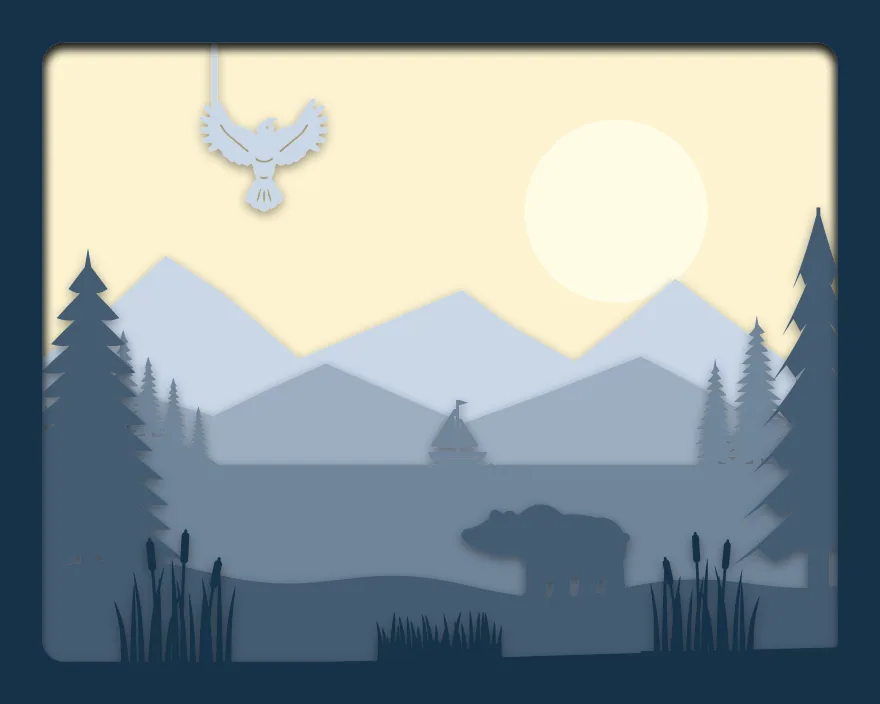Mountain lake shadow box: 6 layered sheets seen from the front