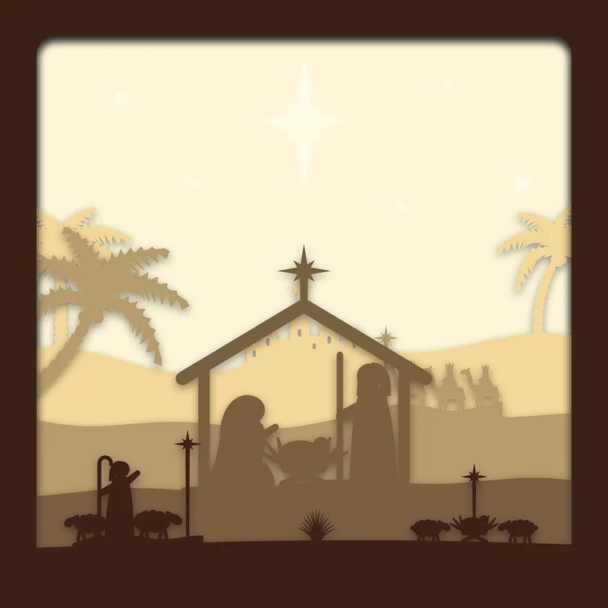 Nativity shadow box: 5 layered sheets seen from the front