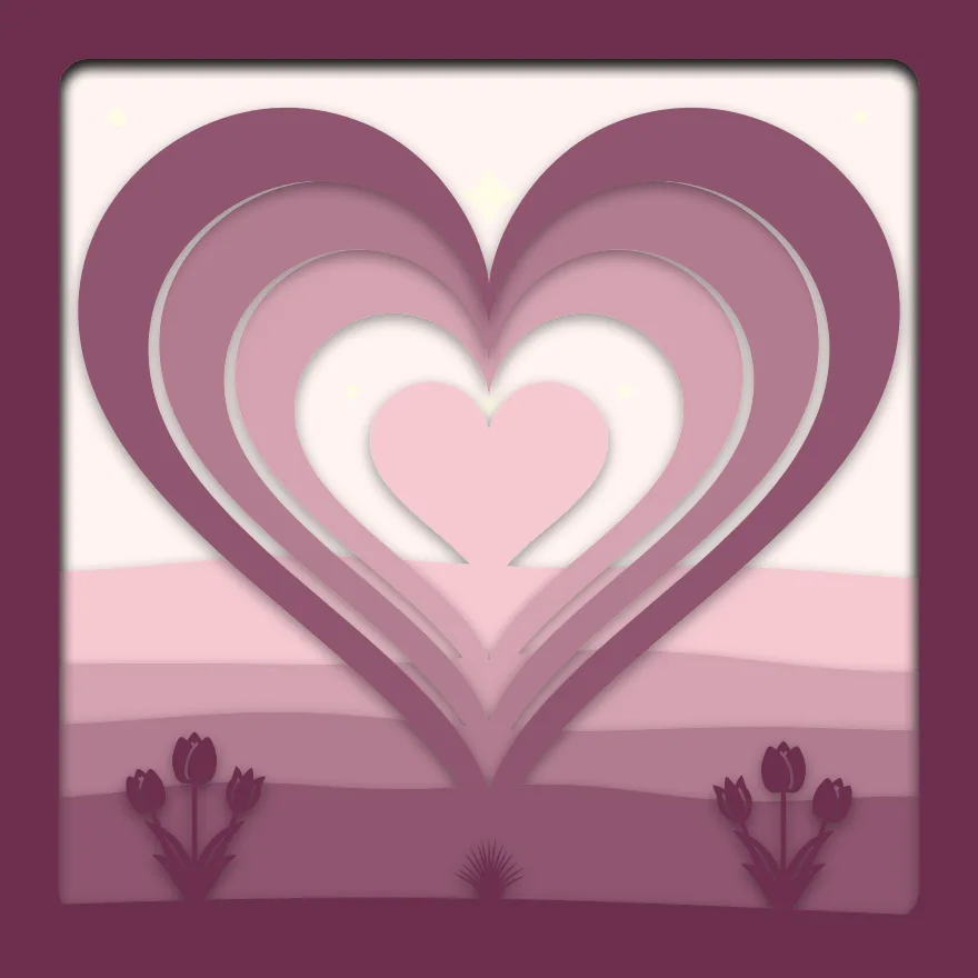 Nested hearts shadow box: 6 layered sheets seen from the front