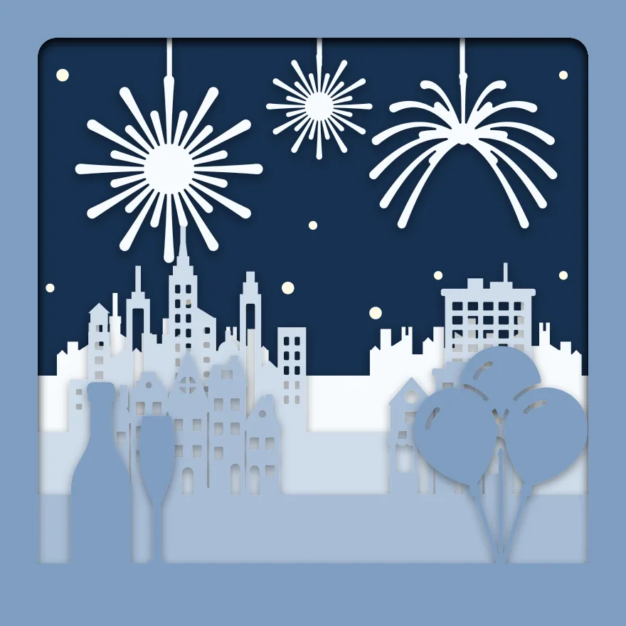 New Year fireworks shadow box: 5 layered sheets seen from the front