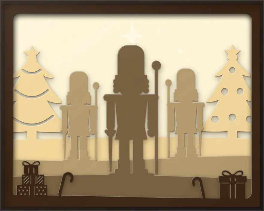 Nutcracker guard shadow box: 5 layered sheets seen from the front