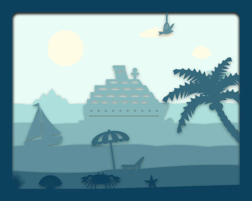 Ocean cruise shadow box: 6 layered sheets seen from the front