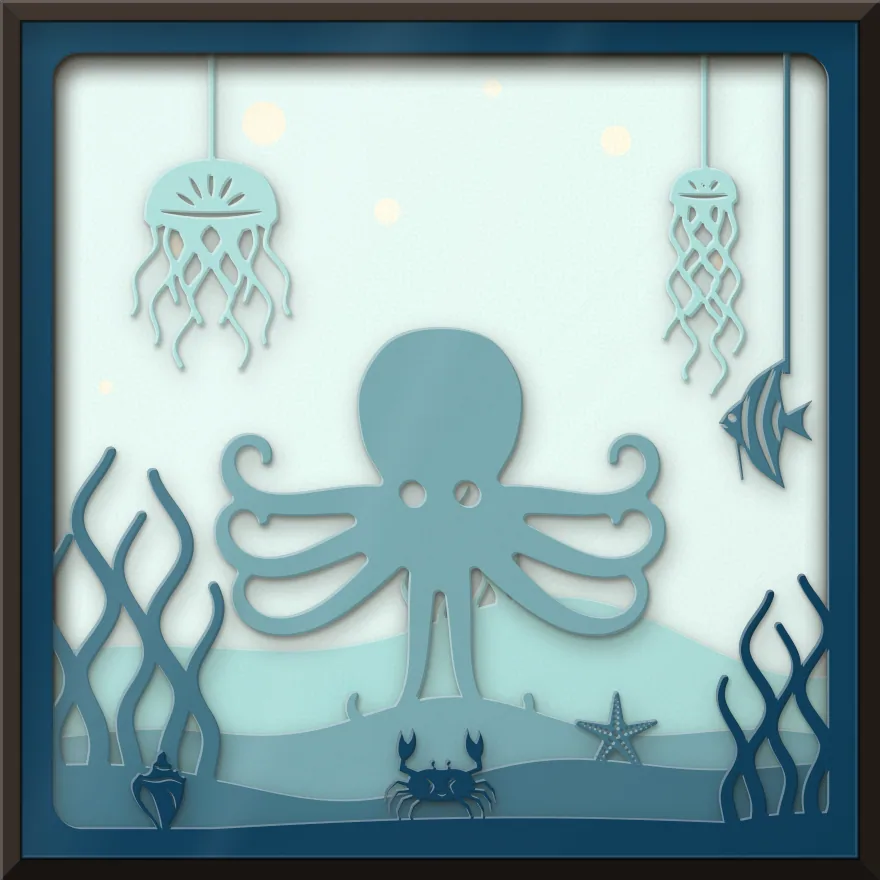 Octopus and jellyfish shadow box: 5 layered sheets seen from the front