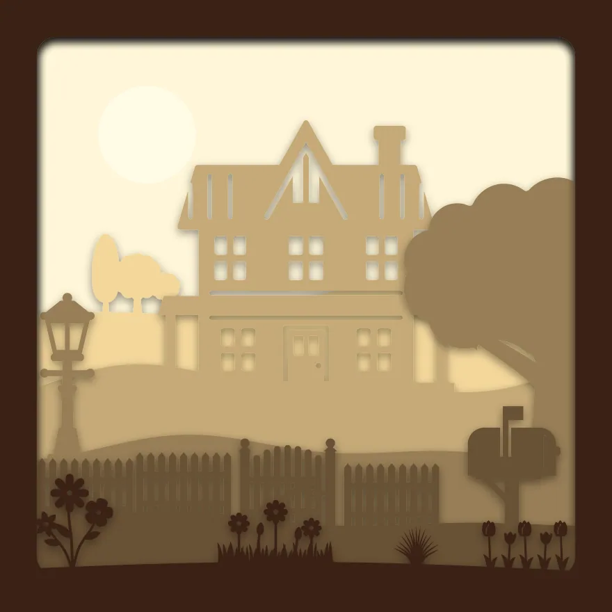 Old house on the lane shadow box: 6 layered sheets seen from the front