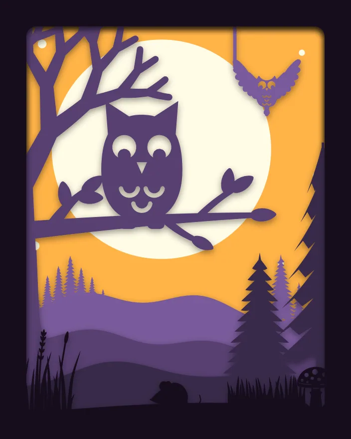 Owl and moon shadow box: 5 layered sheets seen from the front
