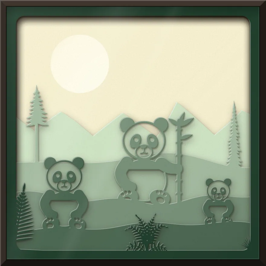 Pandas on the mountain shadow box: 6 layered sheets seen from the front