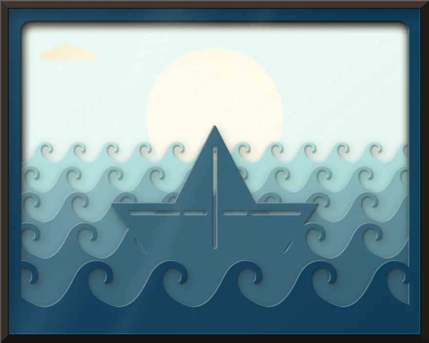 Paper boat on the waves shadow box: 6 layered sheets seen from the front