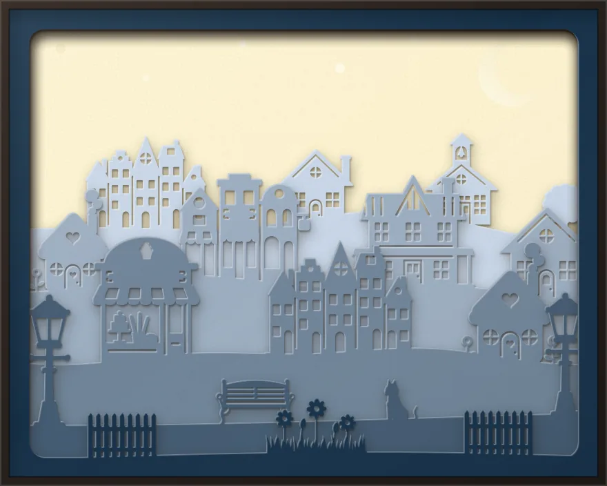 Paper village at dusk shadow box: 6 layered sheets seen from the front