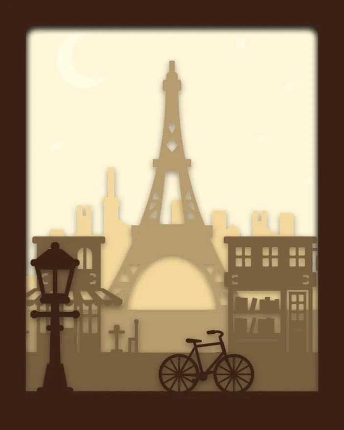 Paris street shadow box: 5 layered sheets seen from the front