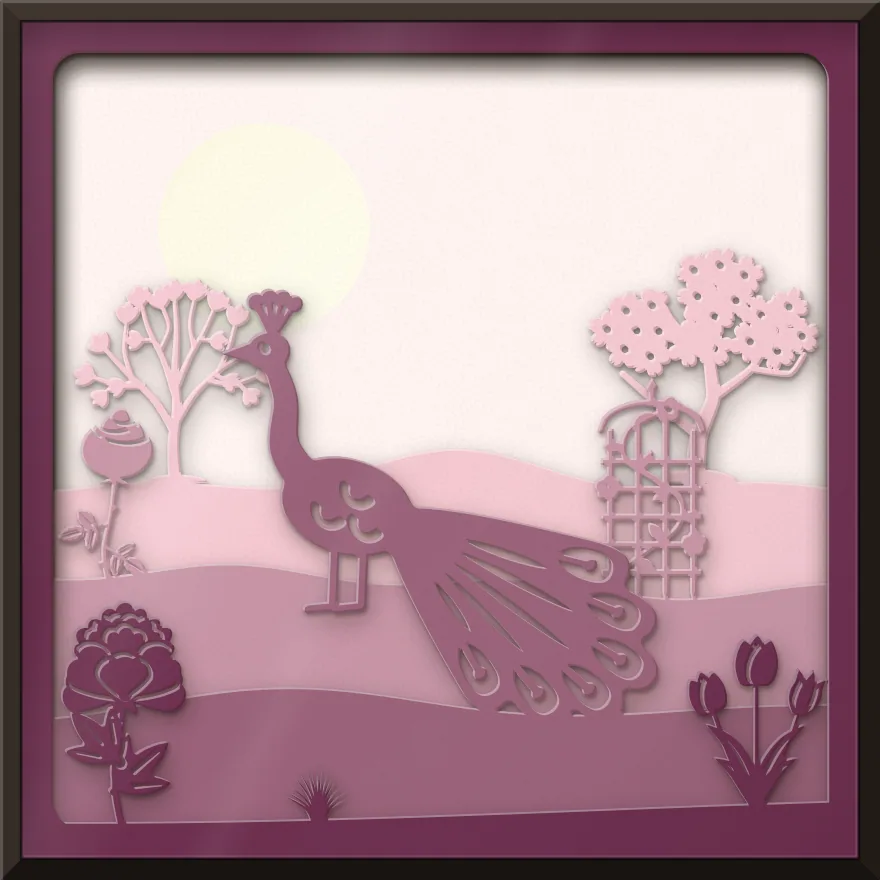 Peacock in the garden shadow box: 5 layered sheets seen from the front