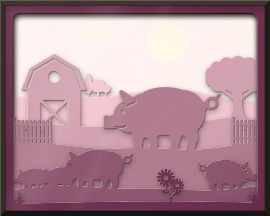 Pigs on the farm shadow box: 6 layered sheets seen from the front