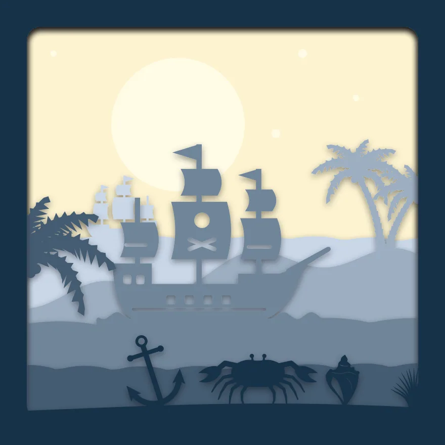 Pirate cove shadow box: 6 layered sheets seen from the front