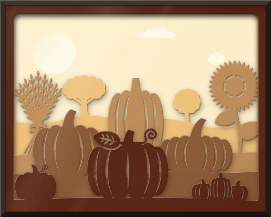 Pumpkin harvest shadow box: 5 layered sheets seen from the front