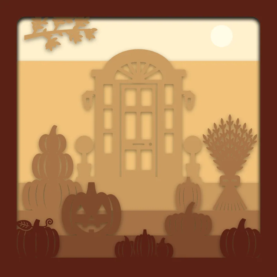 Pumpkins on the porch shadow box: 6 layered sheets seen from the front