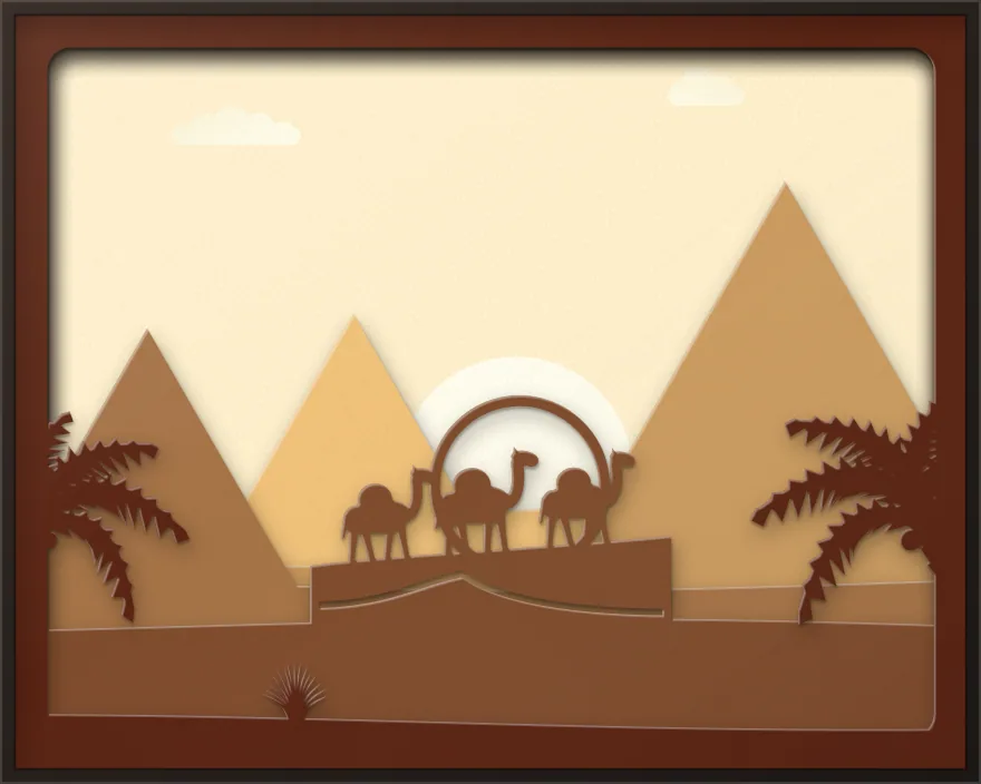 Pyramids in the desert shadow box: 6 layered sheets seen from the front