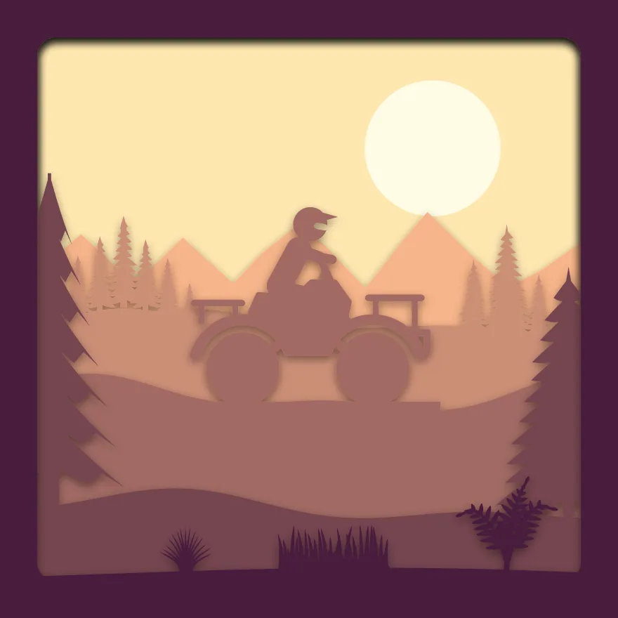 Quad bike trail shadow box: 6 layered sheets seen from the front