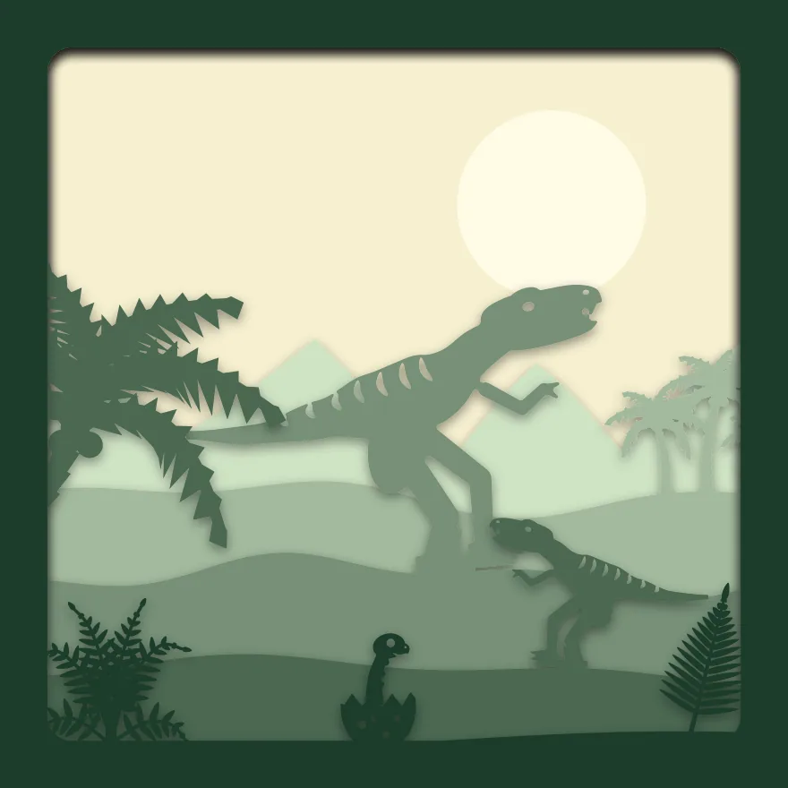 Raptor in the jungle shadow box: 6 layered sheets seen from the front