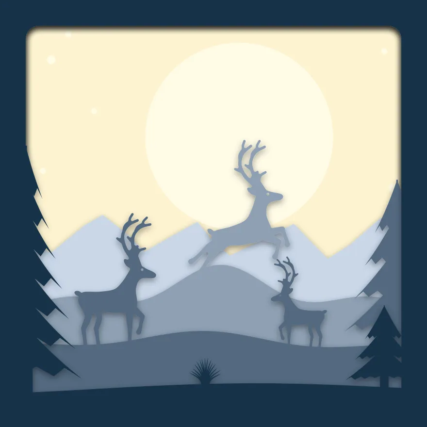 Reindeer and moon shadow box: 5 layered sheets seen from the front