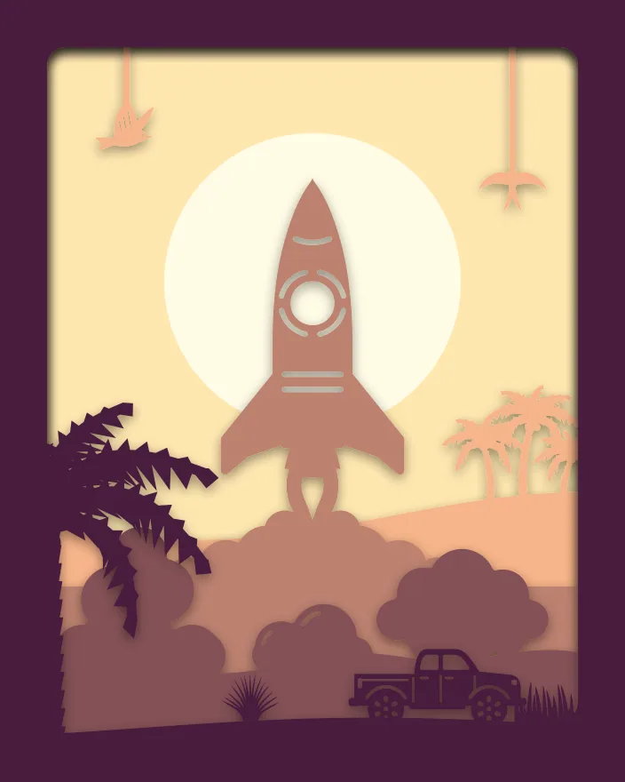 Rocket launch shadow box: 5 layered sheets seen from the front