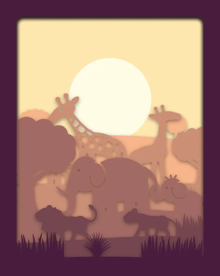 Safari sunset shadow box: 6 layered sheets seen from the front