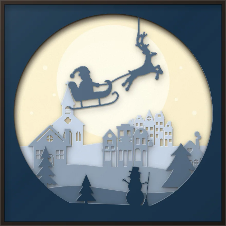 Santa over the rooftops shadow box: 5 layered sheets seen from the front