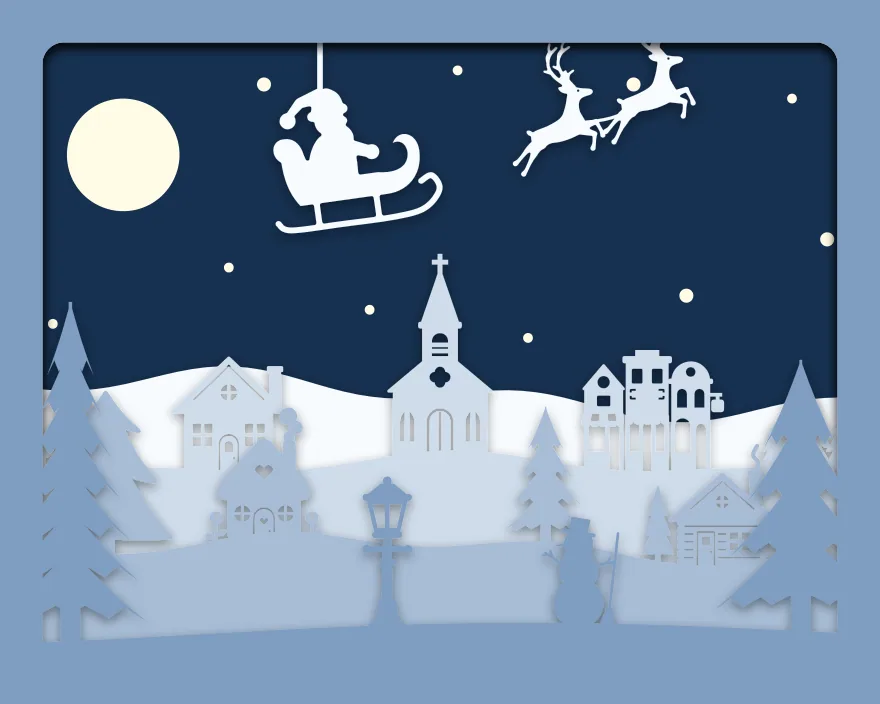 Santa’s sleigh shadow box: 5 layered sheets seen from the front