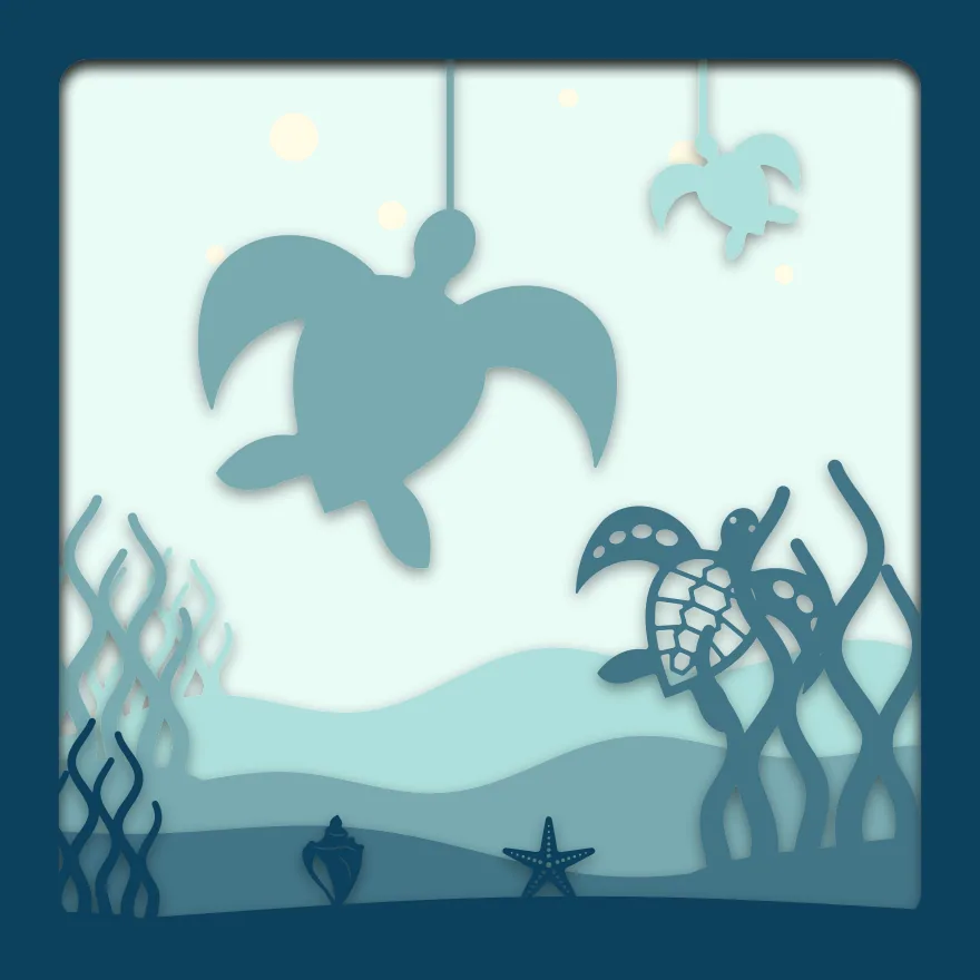 Sea turtles shadow box: 5 layered sheets seen from the front