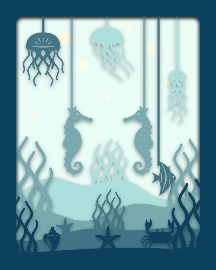 Seahorse reef shadow box: 5 layered sheets seen from the front