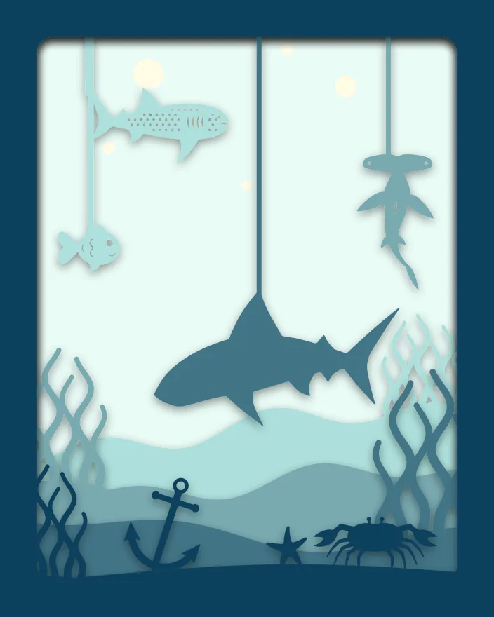 Shark reef shadow box: 5 layered sheets seen from the front