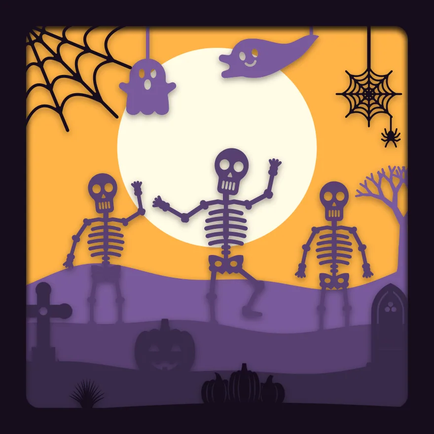 Skeleton dance shadow box: 5 layered sheets seen from the front