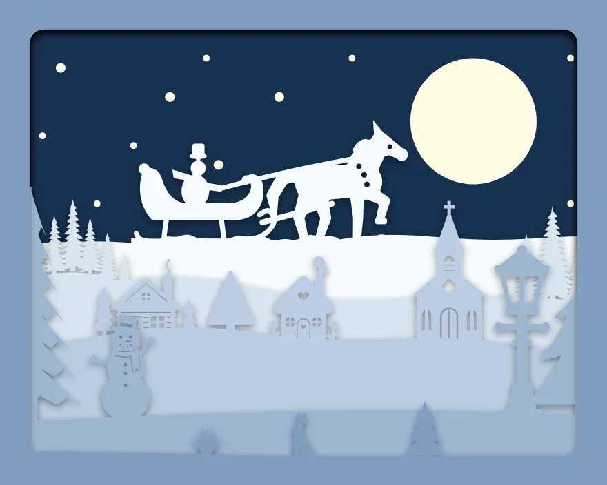 Sleigh ride shadow box: 6 layered sheets seen from the front