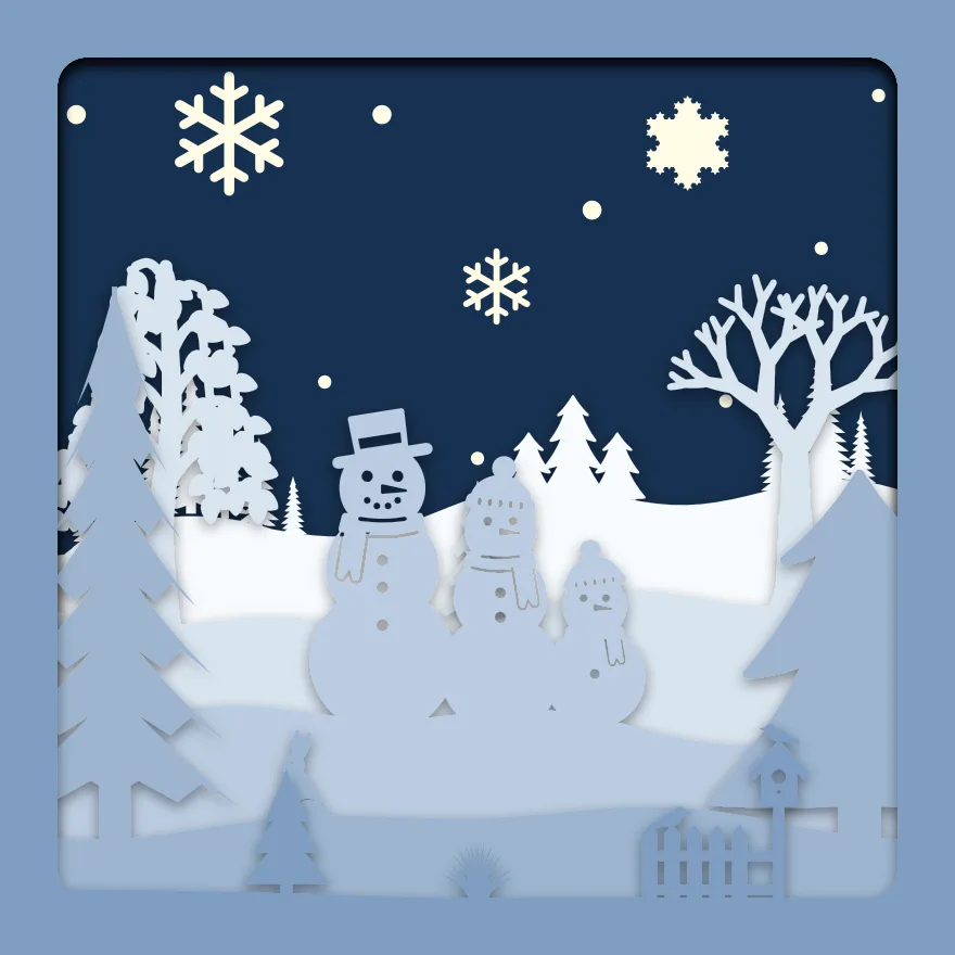 Snowman family shadow box: 6 layered sheets seen from the front