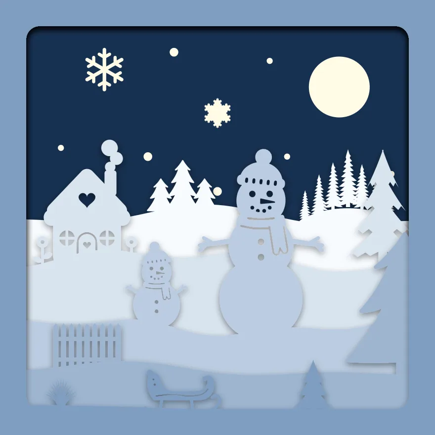 Snowman in the garden shadow box: 6 layered sheets seen from the front